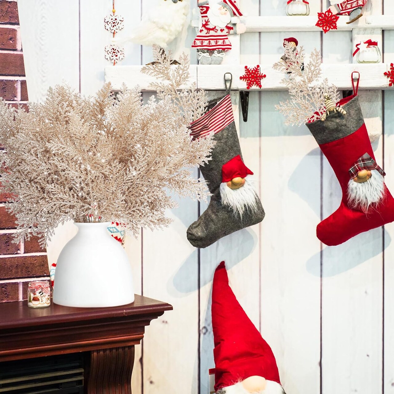 100 Pcs Christmas Tree Picks Sprays 10.24 Inch Glitter Artificial Pine Leaves Cedar stem Faux Pine Needles Greenery Cedar Branches Ornament for Home Garland Wreath Winter Decor(Champagne Gold)